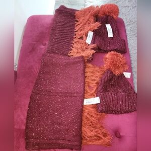2 sets Burgundy and Rust Knit Hat and Scarf Set